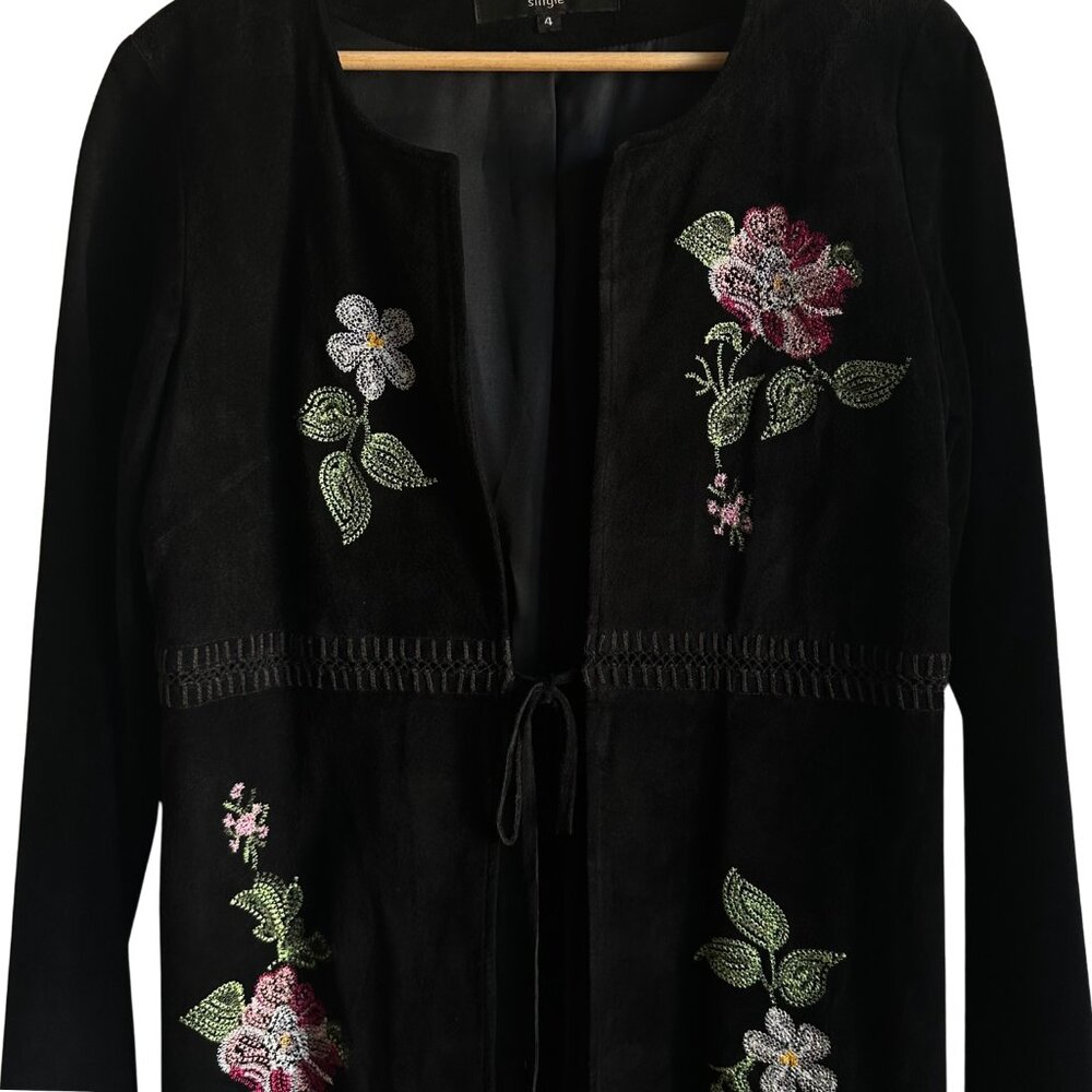 Vintage Suede Floral Embroidered Jacket Coat by Single - US Size 4 - Black Suede